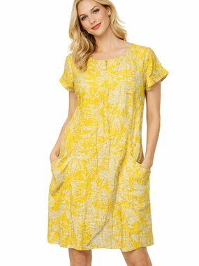 For Cynthia Yellow White Printed Linen Blend Dress Midi Pockets Medium
